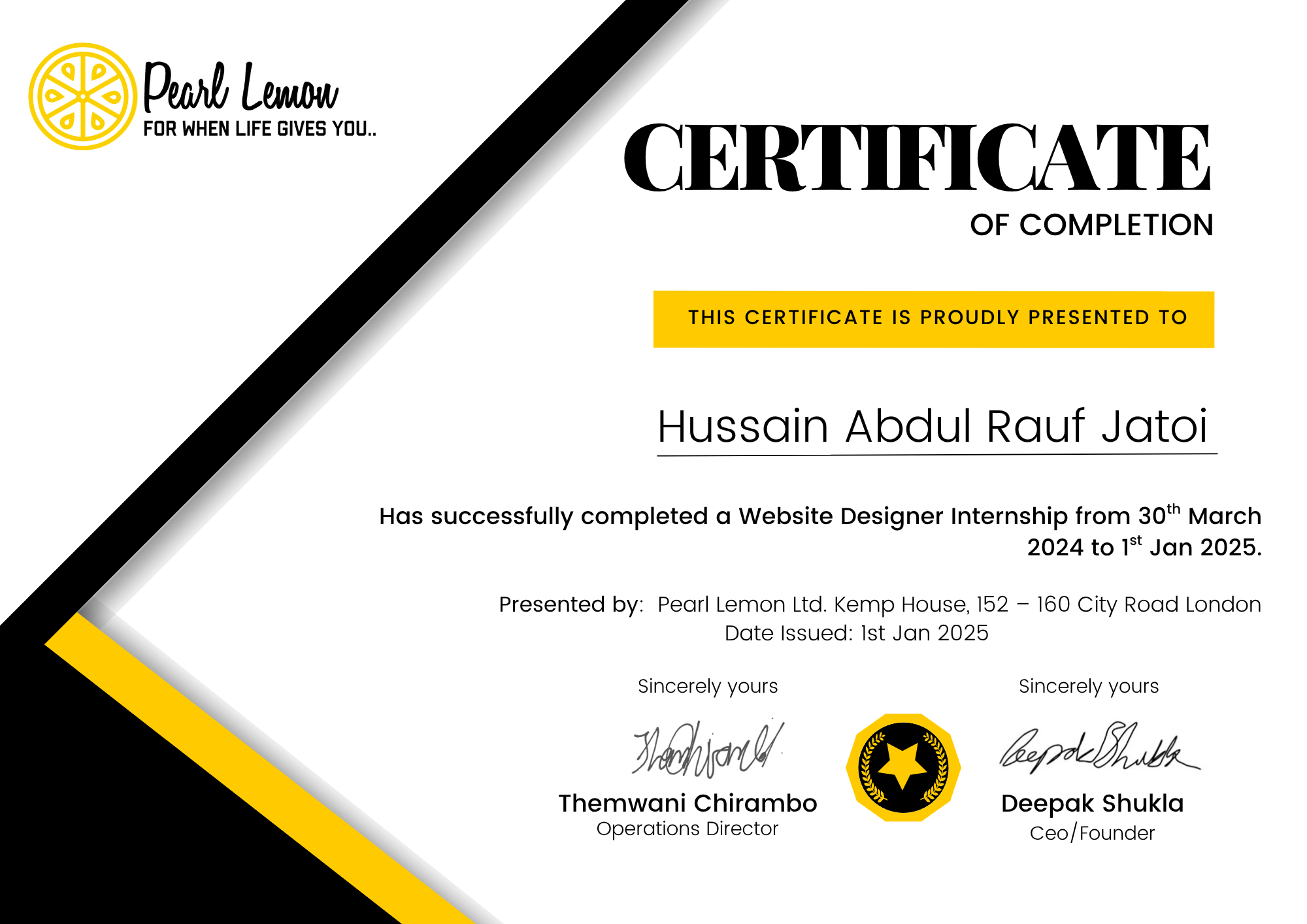Hussain Abdul Rauf Jatoi Website Designer Internship Certificate from Pearl Lemon